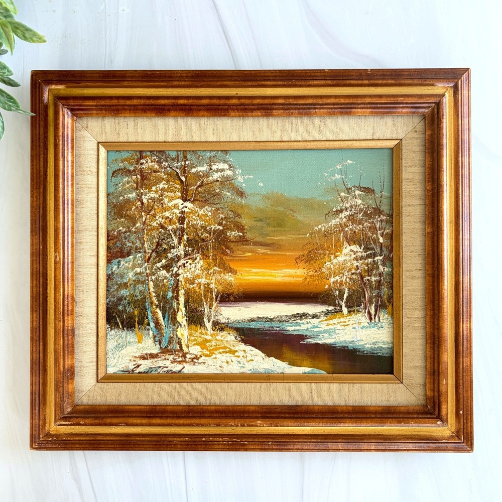 Vintage Winter Landscape Oil Painting Impasto Sunset River Framed 15x13
